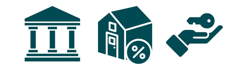 Grafički simboli za banku, nekretninu i ključ u ruci
