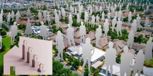 Pogled iz vazduha na stambeno naselje, siluete ljudi i stilizovani dijagram sa kućama