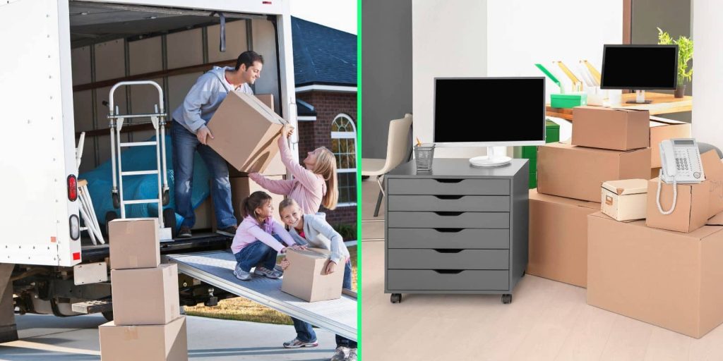 Porodica u procesu selidbe i spakovane kutije u poslovnom prostoru