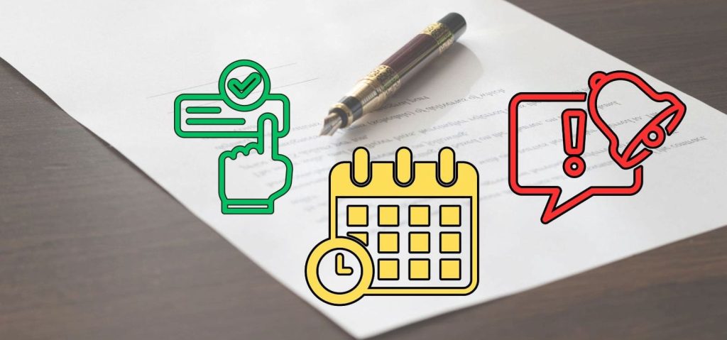 Ugovor i penkalo na stolu i grafički simboli poštovanja rokova i upozorenja