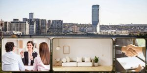 Panorama Beograda na vodi i kolaž slika procesa prodaje